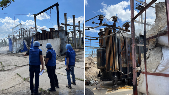 A team of IAEA experts on 20 June assesses damage at an electrical sub-station in the city of Enerhodar, home to many staff of the nearby Zaporizhzhya Nuclear Power Plant in Ukraine.