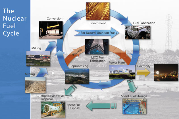 <p>The raw material for today’s nuclear fuel is uranium. It must be processed through a series of steps to produce an efficient fuel for generating electricity. Used fuel also needs to be taken care of for reuse and disposal.</p><p>The nuclear fuel cycle includes the ‘front end’, i.e. preparation of the fuel, the ‘service period’ in which fuel is used during reactor operation to generate electricity, and the ‘back end’, i.e. the safe management of spent nuclear fuel including reprocessing and reuse and disposal.</p><p>If spent fuel is not reprocessed, the fuel cycle is referred to as an ‘open’ or a ‘once-through’ fuel cycle; if spent fuel is reprocessed, and partly reused, it is referred to as a ‘closed’ fuel cycle.</p> &copy; A. Diesner-Kuepfer / IAEA