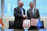 IAEA Director General Rafael Mariano Grossi, and Ambassador Jaideep Mazumdar, sign the Practical Arrangement between the International Atomic Energy Agency and the Global Centre for Nuclear Energy Partnership of the Department of Atomic Energy, India, at the Agency headquarters in Vienna, Austria. 20 February 2024