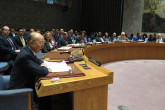 IAEA Director General Yukiya Amano briefs the Security Council in the debate on “Supporting the Non-proliferation Treaty ahead of the 2020 Review Conference” during his official visit to United Nations New York. 2 April 2019.