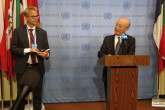 IAEA Director General Yukiya Amano briefs the press after the Security Council meeting on Non-proliferation during his official visit to United Nations New York. 2 April 2019. Far left, Fredrik Dahl, IAEA Section Head (Media, Multimedia and Public Outreach) Office of Public Information and Communication.