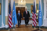 IAEA Director General Yukiya Amano meets with U.S. Secretary of State Michael R. Pompeo at the U.S. Department of State in Washington, D.C. during his official travel April 3, 2019. 

State Department photo by Ron Przysucha/ Public Domain