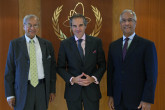 Rafael Mariano Grossi, IAEA Director-General, met with Ambassador Ali Sarwar Naqvi, Executive Director of the Center for International Strategic Studies (CISS) in Pakistan, during his official visit to the Agency headquarters in Vienna, Austria. He is accompanied by HE Ambassador Aftab A. Khokher, Resident Representative of Pakistan to the IAEA and, Chair of the G-77 Vienna Chapter. 11 October 2023. 