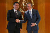 Rafael Mariano Grossi, IAEA Director-General, met with HE Mr. Yalchin Rafiyev, Deputy Minister of Foreign Affairs of Azerbaijian, during his official visit to the Agency headquarters in Vienna, Austria. 8 July 2024.
