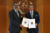 HE Mr. Baker Fattah Hussen, Resident Representative of Iraq to the IAEA, deposits Iraq’s Instrument of Accession to the Convention on Nuclear Safety and the Joint Convention on the Safety of Spent Fuel Management and on the Safety of Radioactive Waste Management, to IAEA Director-General Rafael Mariano Grossi during his official visit to the Agency headquarters in Vienna, Austria. 21 November 2023