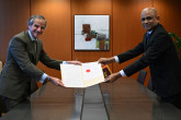 Ambassador M. R. K. Lenagala, deposits Sri Lanka’s Instrument of Accession to the Agreement on the Privileges and Immunities of the IAEA (P&I Agreement) to Rafael Mariano Grossi, IAEA Director-General, during his official visit at the Agency headquarters in Vienna, Austria. 5 July 2024.
