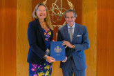 HE Ms. Annika Markovic, Resident Representative of Sweden to the IAEA presented Sweden’s contribution to the IAEA’s Verification Pursuant to the Joint Comprehensive Plan of Action (JCPOA) and to DPRK to IAEA Director General Rafael Mariano Grossi during her official visit to the Agency headquarters in Vienna, Austria. 22 August 2024