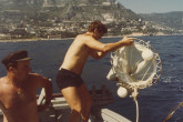 Researchers from the Environment Laboratories sample zooplankton using a ring trawl offshore Monaco. 1975-1981.  Please credit IAEA