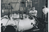 The toroidal shape of the Levitron, one of a series of devices used in the study of the properties of plasma for fusion research. 
(IAEA Archives/Credit: Photo: USAEC/San Francisco, Operations Office, USA)