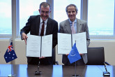 Rafael Mariano Grossi, IAEA Director-General and HE Mr. Ian David Grainge Biggs, Resident Representative of Australia to the IAEA, signs the Grant Agreement between the Government of Australia represented by the Department of Foreign Affairs and Trade (DFAT) and the International Atomic Eneergy Agency (IAEA) concerning on Extrabudgetary contributions towards the activities of the IAEA’s Department of Nuclear Sciences and Applications, Technical Cooperation and Nuclear Safety and Security. IAEA Vienna, Austria. 7 June 2024