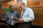 <p>It is a collective effort to deliver the final draft report of the IRRS mission to Bangladesh within the two weeks of the mission. The report of more than 100 pages provides a comprehensive team review of the ten modules, rather than a cumulation of individual opinions. It provides recommendations and suggestions based on IAEA Safety Standards, as well as highlights good practices and areas of good performance. </p>
<p><i>Pictured: Thiagan Pather, National Nuclear Regulator, South Africa; Michael X. Franovich, Nuclear Regulatory Commission, United States of America</i></p>