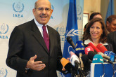 IAEA Director General Mohamed ElBaradei and Spokesperson Melissa Fleming are all smiles after hearing that the Agency and its head won the Nobel Peace Prize. (Vienna International Centre, Vienna Austria, 7 October 2005)