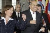 IAEA Director General Mohamed ElBaradei and his Spokesperson Melissa Fleming on their way to the news conference after winning the Nobel Peace Prize Friday, 7 October 2005. (AP Photo/Rudi Blaha)