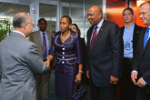 IAEA Director General Yukiya Amano welcomes His Majesty King Letsie III of Lesotho and Her Majesty Queen Masenate Mohato Seeiso, during their arrival to the IAEA headquarters in Vienna, Austria, 25 April 2013.