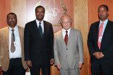 H.E. Mr. Dessie Dalkie, Minister of Science and Technology of Ethiopia (second from left), met IAEA DIrector General Yukiya Amano. He was accompanied by Mr. Solomon Getachew (far right), Science Advisor and National Liaison Officer to the IAEA, and Dr. Thomas Cherenet (far left), Director General of the STEP project and national counterpart, Vienna, Austria, 25 September 2012.