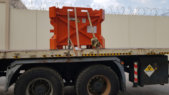 A disused sealed radioactive source loaded safely and securely for international transport